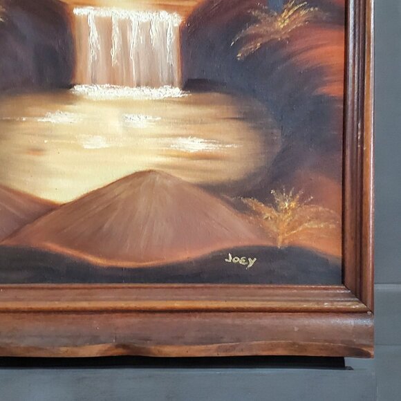 Vintage Original Oil On Canvas in Frame - Fall Lake Waterfall Scene - Signed - Picture 2 of 6